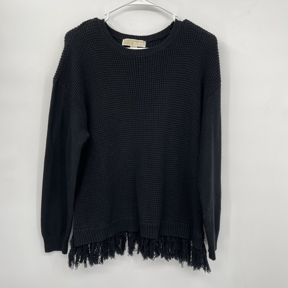 Michael Michael Kors Large‎ Sweater Womens Black Waffle Knit Fringe Hem Pullover